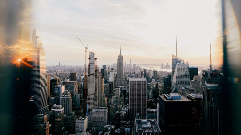 New york city skyline at sunset with empire state building