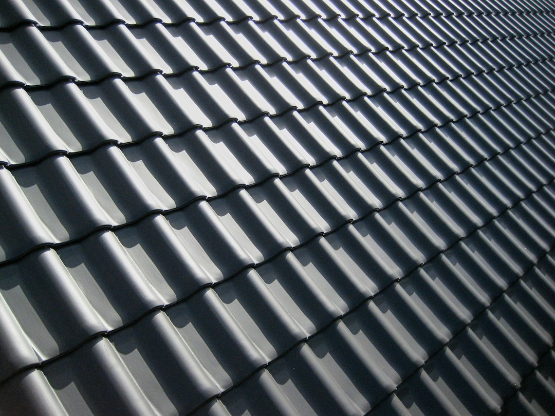 A pattern of dark grey roof tiles with sharp shadows in bright light